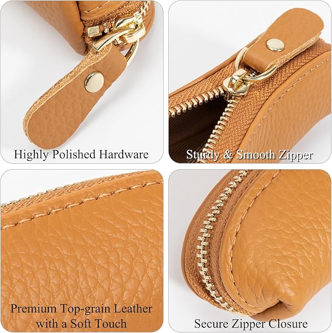 Full Grain Leather Coin Pouch - Travel Small Coin Purse with Zipper - Mini Key Pouch Change Purse for Women and Men (Brown)