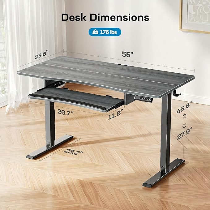 HUANUO Standing Desk Adjustable Height, 55" x 24" Electric Stand Up Desk for Home Office with Large Keyboard Tray(26.7"), 4 Memory Height Setting, Computer Workstation, Grey