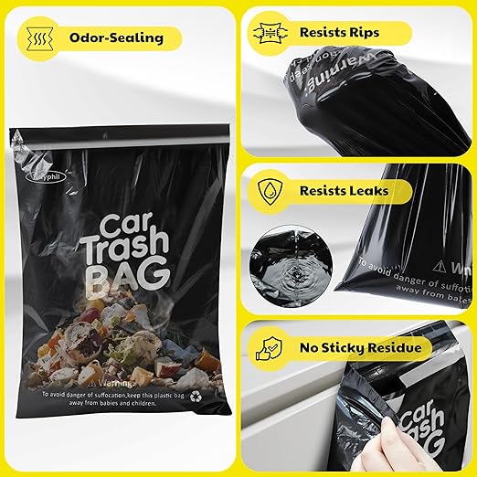 50 Bags Tidyphil Hanging Car Trash Bags Disposable, Leak-proof, Odor Seal. 2 Gallon Car Garbage Bags. Alternative to Car Trash Can, Easy Stick-On Car Garbage Can for Car,SUV, Truck, Vehicle, Stroller.