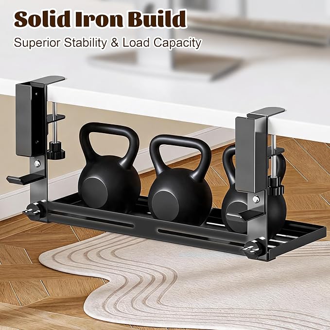Desk Side Storage Organizer, Under Desk Laptop Mount, Clamp-On Vertical Laptop Holder, No Drill Metal Shelf with Headphone Hook & Power Strip Holder, Black