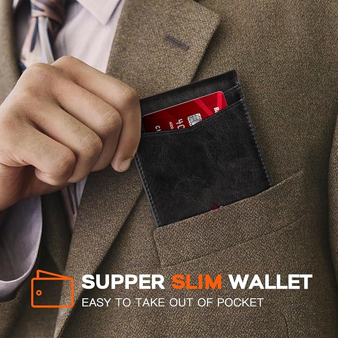 RUNBOX Wallet for Men Slim Leather Bifold RFID Blocking Minimalist Front Pocket Design with Gift Box