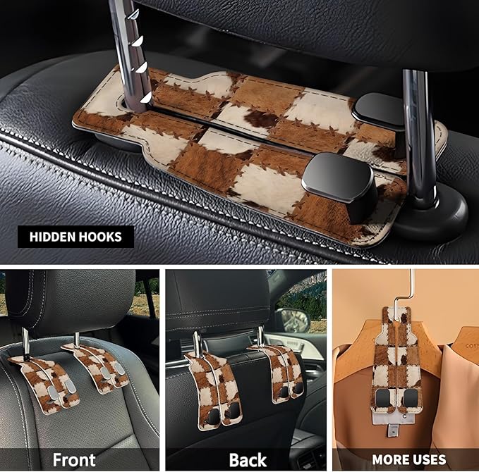 Car Seat Headrest Hook, Universal Leather Cute Hanger Holder Hook, Storage Organizer Interior Accessories for Purse Bags Handbag Retro Cowhide Plaid