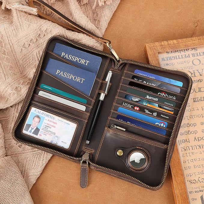 Polare Full Grain Leather Travel Passport Holder RFID Blocking Cover Case Travel Document Organizer Wallet Holders 2 Passports With YKK Zipper (Dark Brown with AirTag Slot)