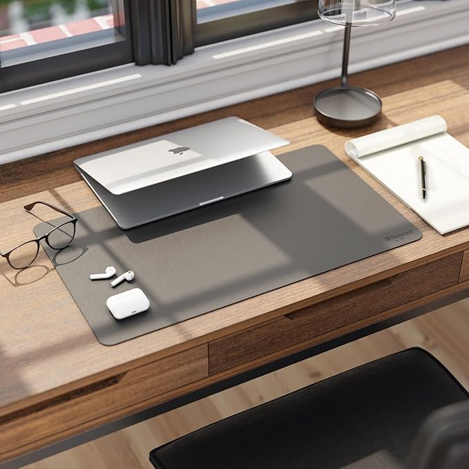 Smead Desk Pad, Vegan Leather Desk Mat with Non-Slip Faux Suede Backing, Perfect Desk Organizer for Office Decor, 23.6” x 13.7” Small, Charcoal (64838)