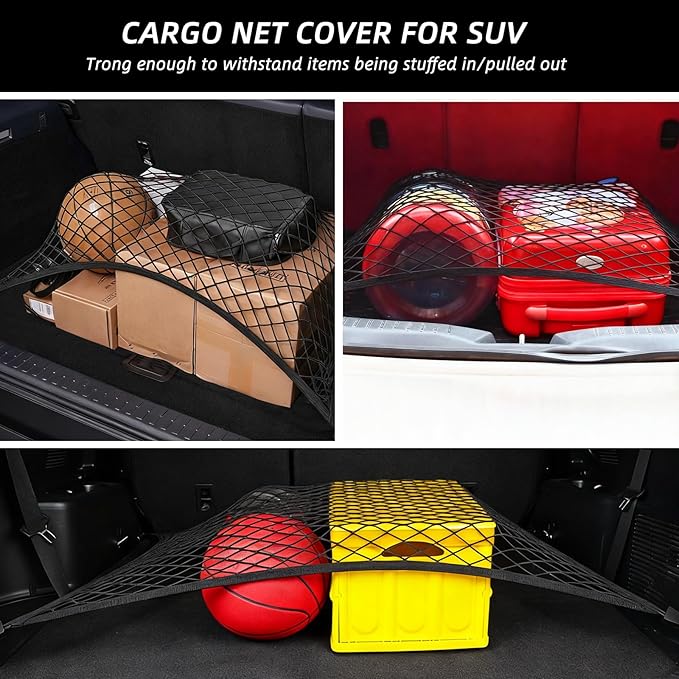 Elastic Cargo Net for SUV with Hooks, Net Stretchable Mesh Organizer 32" x 24" Stretch to 63" x 43", Rear Trunk Bed Netting Cover, Elastic Cargo Net with Fixing Hooks D-Rings, Road Trip Essentials
