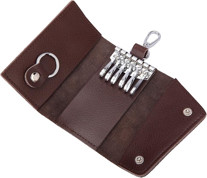 BAKUN Compact Leather Car Key Case, Key Holder Key Organizer Wallet, With 6 Hooks(Brown)
