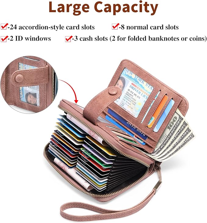 GAEKEAO Leather Credit Card Holder Wallet for Women RFID Blocking Large Capacity Bifold Zipper Card Case Organizer with Wristlet 32 Slots