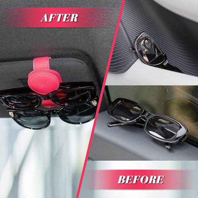 Konohan Sunglasses Holder for Car Visor Leather Eyeglass Hanger Magnetic Sunglasses Holder with 2 Clips(Rose Red)