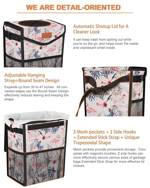 Pritent Car Trash Can with Lid, Cute Leakproof Car Trash Garbage Bag Hanging Vehicle Trash Bin Small Portable Automotive Garbage Cans Organizer for Back/Front Seat(Trapezoid,Flamingo Print