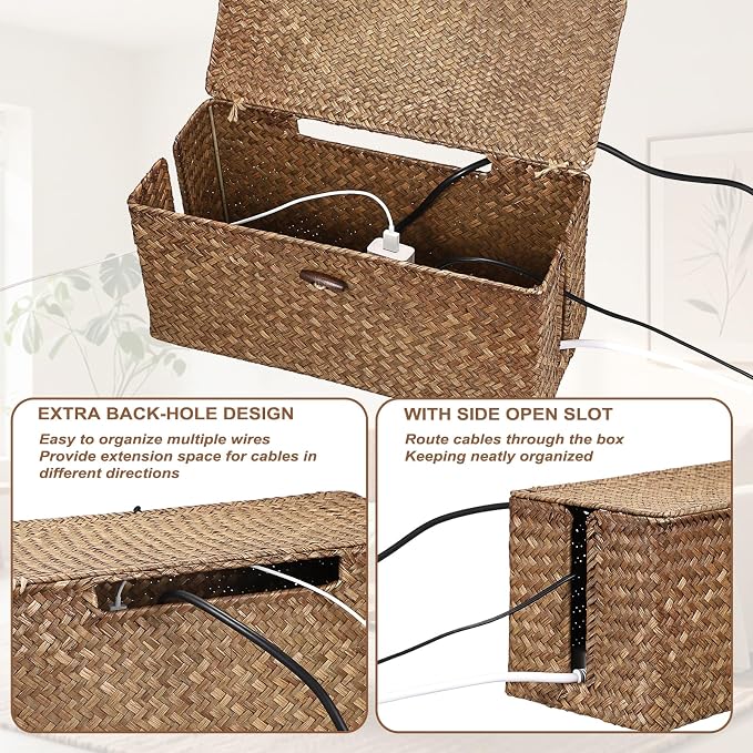 BTSKY Woven Cable Management Box with Lid, Seagrass Cord Organizer with 2 Open Slots for Power Strips & USB Hubs, Under Desk Cord Hider Box for Home Office, Pet Proofing Wire Basket, Large