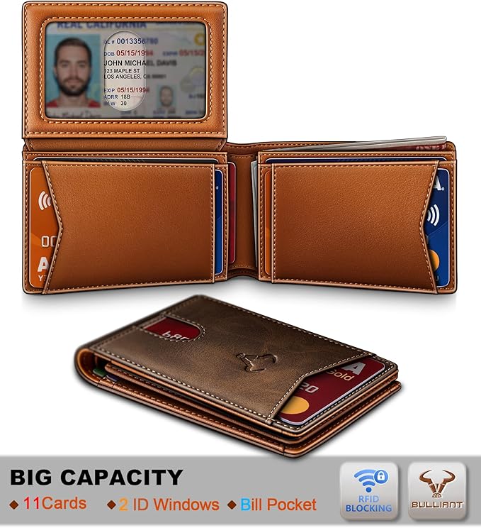 BULLIANT Men Wallet, Slim Leather Wallet Front Pocket Card Holder Gift For Men 11 Slots RFID Blocking