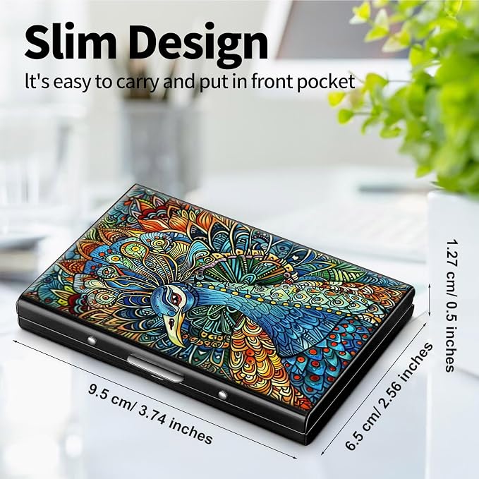 Metal Wallet for Women Men Girls, RFID Blocking Slim Aluminum Credit Card Holder, Mini Travel Wallet with Hard Shell, Lightweight ID & Business Card Case,Art Peacock