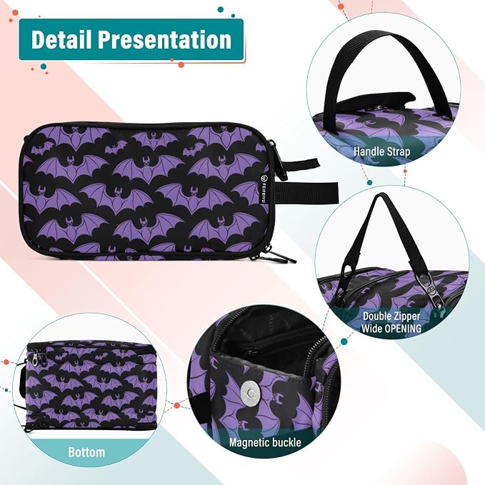 MNSRUU Large Capacity Makeup Bag, Halloween Bat Cosmetic Bag Portable Toiletries Pouch with Compartments Makeup Organizer Case for Travel Women