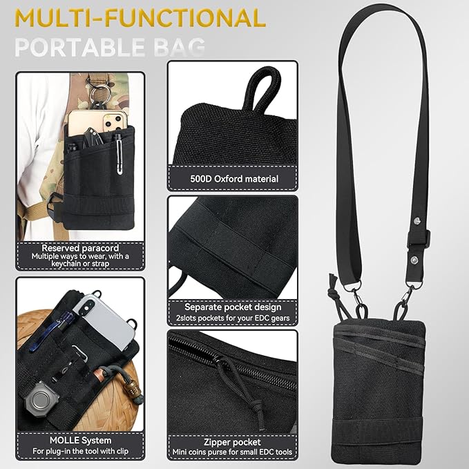 Platy Pocket Organizer, Durable EDC Tool Pouch for Men, Neck Wallet with Paracord Lanyard, Holds Flashlight, Multitool, Pen, Notebook
