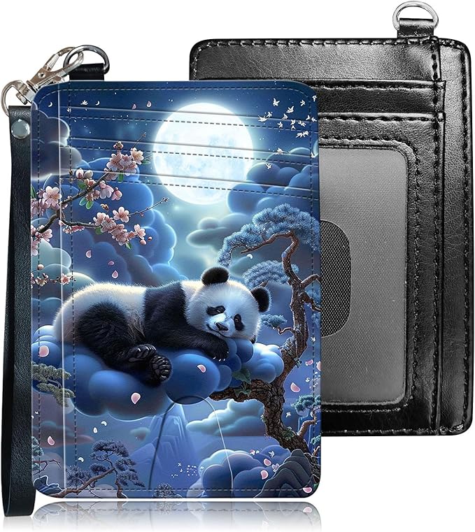 Slim RFID Blocking Card Holder Wallet with Wrist Strap - Minimalist Front Pocket Wallet, Panda Sleeps Design, PU Leathe, for Men & Women, Ideal for Travel & Gifts