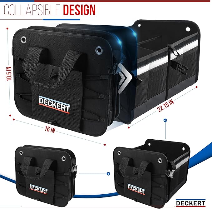 Deckert Car SUV Trunk Organizer, 600D Oxford Polyester, Collapsible, Multi compartments, Securing straps, Suitable for any car type, Black with Reflective Stripes