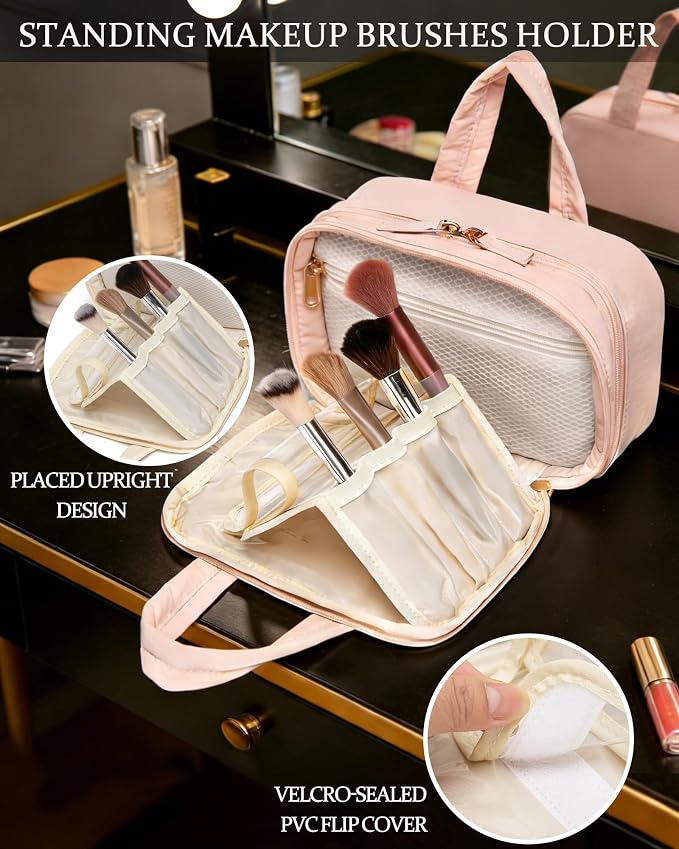 Small Makeup Bag, Travel Cosmetic bag, Toiletry Bag For Women, Make up Bag With Brush Storage, Hanging Toiletry Bag, Puffy Padded Makeup Organizer Case, Wide-open Travel Essentials (Pink)