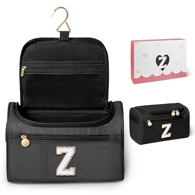 COSHAYSOO Christmas Valentines Galentines Day Fall Travel Gifts for Women Friend Sister Bestie Happy Birthday Party Favor Present, Large Hanging Toiletry Bag Skin Care Toiletries Black Letter Z