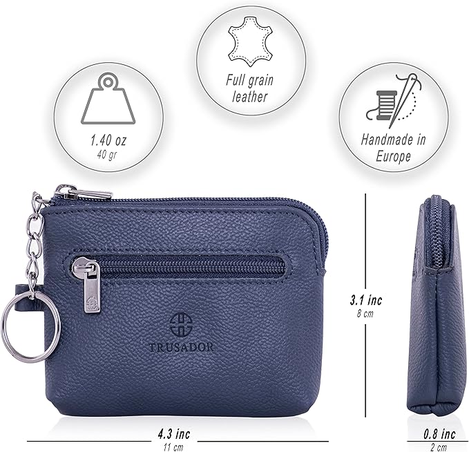 Trusador Milano Unisex Leather Front Pocket Wallet Coin Purse Zipper Pouch with Keychain (Navy)