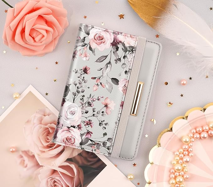 Passport Holder,RFID Blocking Passport Cover Cute Floral Traveling Passport Wallet for Women Grey Flowers