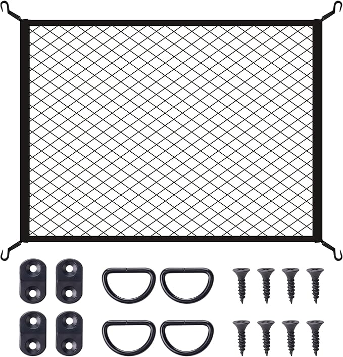 JINGKE Elastic Cargo Net with Fixing Hooks D-Rings Luggage Cover for SUV Rear Trunk Bed Netting Cover ，Net Stretchable Mesh Organizer 32" x 24" Stretch to 63"x43"