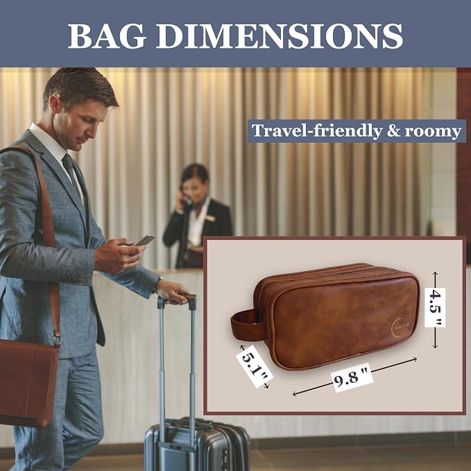 Premium Men’s Toiletry Bag with Drawstring Pouch – Durable Water-Resistant Leather-Look Travel Organizer for Shaving, Grooming & Hygiene Essentials (Chestnut Brown)