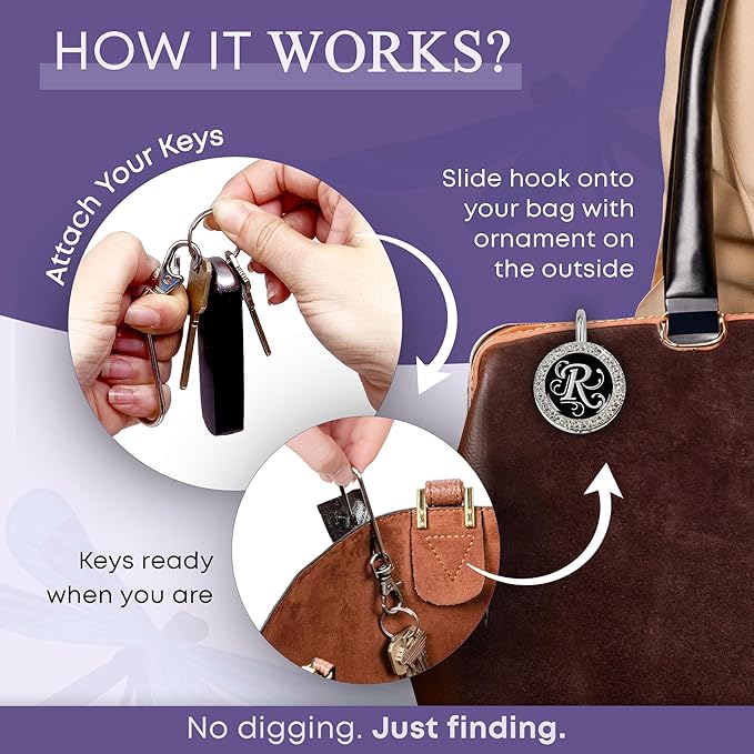 Women’s Bag Charm Key Finder, Car Keychain Hook, Cute Purse Organizer & Tote Bag Accessories, Gifts for Mom - Monogram Letter