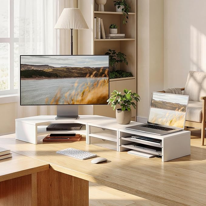 Fenge Dual Monitor Stand, Corner Monitor shelf with Drawer and Slide-Out Tray, 2 Tier Triangle Monitor Riser with Storage, Desk Shelf Organizer for Desk, Home Office, Computer, Laptop, Printer