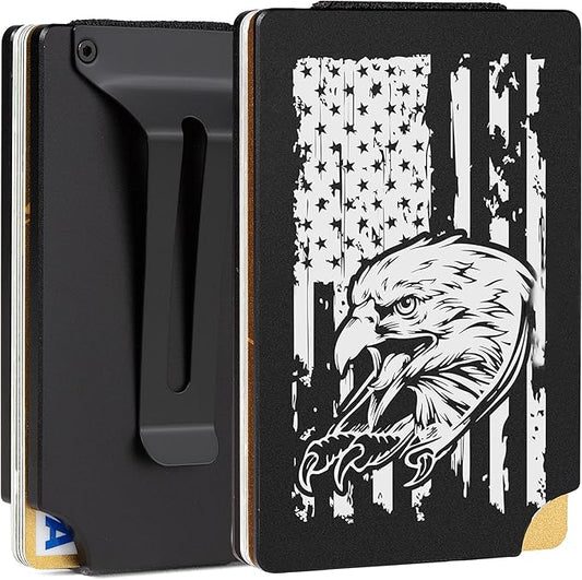 Slim Wallet for Men,RFID Blocking Minimalist Metal Wallet, Money Clip/Cash Holder, Front Pocket Aluminum Credit Card Holder, Ideal Gift for Men,Eagle-American USA Flag