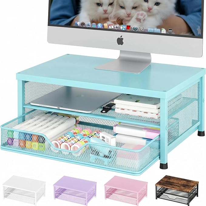 OPNICE Computer Monitor Stand Riser, Desk Organizer with Drawer, Printer & Laptop Stand, Office Desk Accessories & Workspace Desktop Organizers Storage for Office Supplies(Blue)
