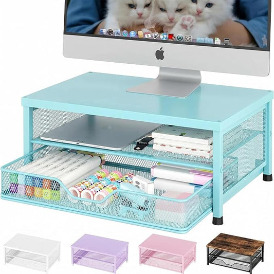 OPNICE Computer Monitor Stand Riser, Desk Organizer with Drawer, Printer & Laptop Stand, Office Desk Accessories & Workspace Desktop Organizers Storage for Office Supplies(Blue)