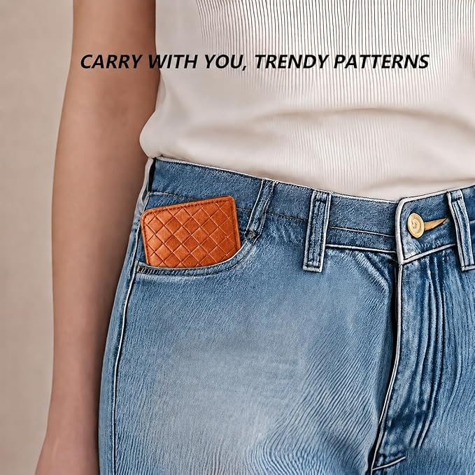 Ladies change card bag, zip storage bank card case, small portable 11 large capacity pouch, holds banknote change credit card(Brown woven pattern)