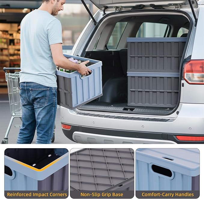 Citylife 64L Collapsible Storage Bins with Lids Plastic Storage Containers for Organizing Stackable Storage Box Large Heavy Duty Utility Crates, 2 Packs