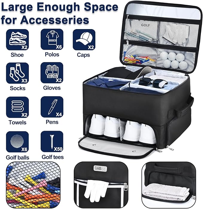 CAB55 Golf Trunk Organizer with 4 Wheels, 2 Layer Waterproof Car Golf Organizer with Separate Ventilated Compartment for 2 Pair Shoes, Golf Trunk Storage for Clothes, Accessories, Golf Gifts