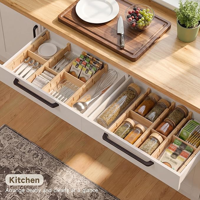 Bamboo Drawer Dividers, Expandable Kitchen Drawer Organizer, Include 8 Dividers, 8 Small Inserts and 8 Medium Inserts for Home, Office, Dressers