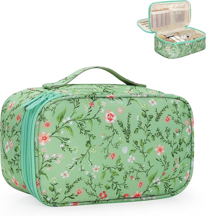Relavel Small Makeup Bag, Travel Floral Cosmetic Bag with Makeup Brush Compartment, Portable Makeup Pouch for Women, Double Layer Makeup Organizer Bag Cute Toiletry Bag, Green Floral