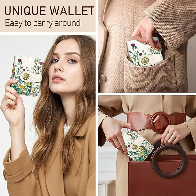 Kelvoris Aesthetic Flower Floral Small Rfid Women Wallet Bifold Zipper Coin Pocket PU Leather Compact Cash Credit Card Holder Travel Wallet for Female Ladies Teen Girls 1 ID Window 10 Card Slots