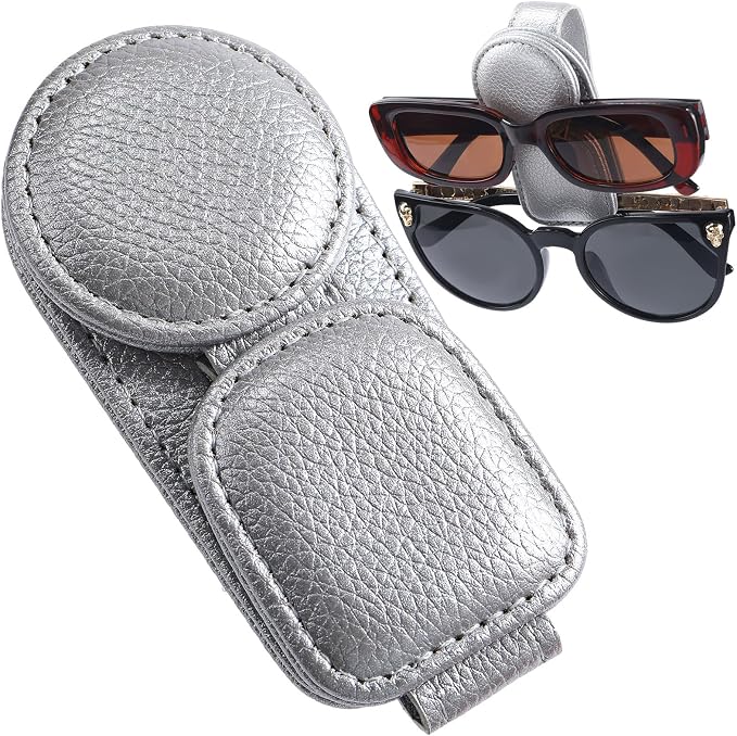 Konohan Sunglasses Holder for Car Visor Leather Eyeglass Hanger Magnetic Sunglasses Holder with 2 Clips(Silver Pearl)