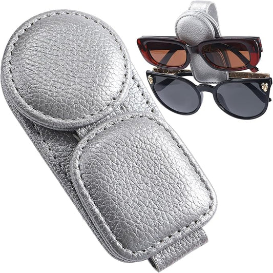 Konohan Sunglasses Holder for Car Visor Leather Eyeglass Hanger Magnetic Sunglasses Holder with 2 Clips(Silver Pearl)