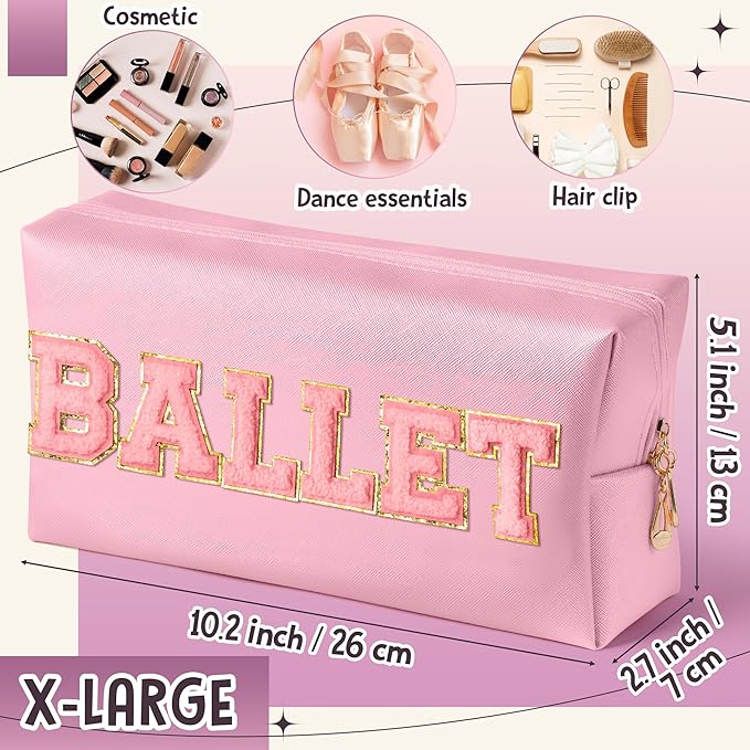 Y1tvei Ballet Cosmetic Bag for Girls - Preppy Patch BALLET Pink Chenille Letter Makeup Bag PU Leather Waterproof Portable Ballerina Makeup Pouch Dance Recital Travel Toiletry for Girl Dancer(Pink)
