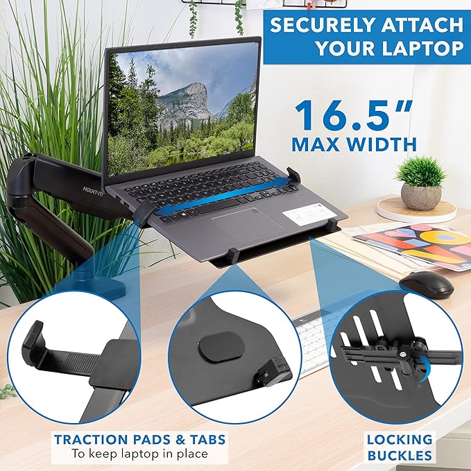 Mount-It! Laptop Desk Mount Arm with Gas Spring, Height Adjustable Laptop Stand for Desk, Fits Laptops up to 17 Inch, Full Motion Laptop Tray Mount with Clamp or Grommet Installation
