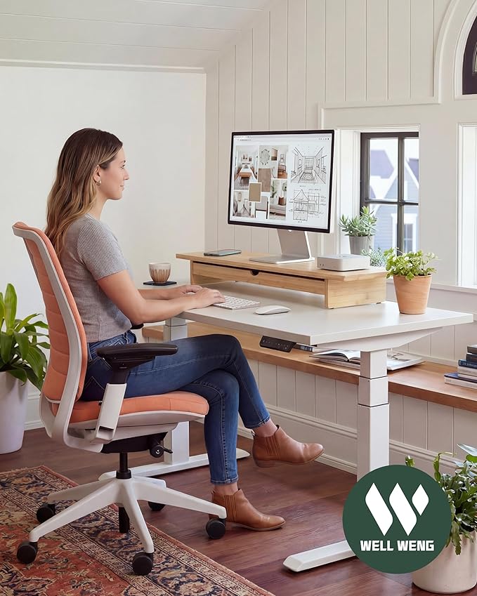 Bamboo Monitor Stand with Large Storage Drawer, 42 Inch Ergonomic Computer Riser for Desk, Screen Shelf with 7 Compartments for Keyboard & Stationery Organization