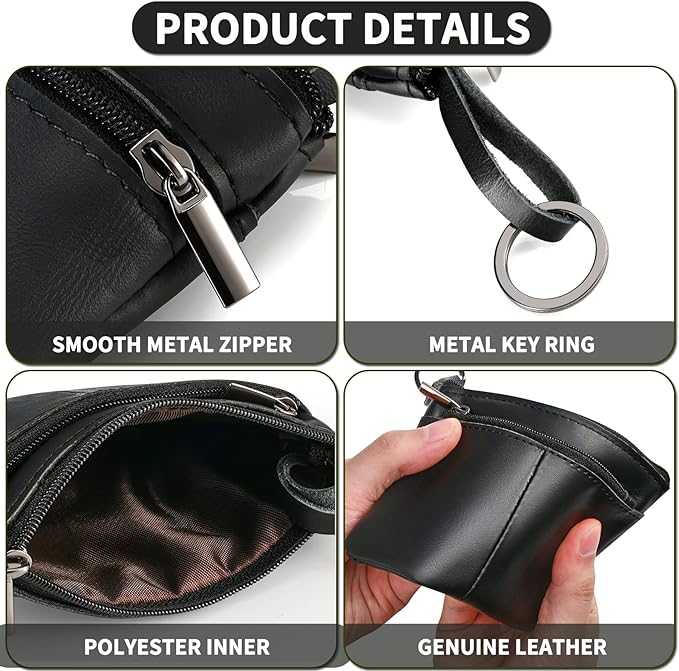 Black Genuine Leather Multi-Functional Wallet - Compact Card Holder, Coin Purse & Key Organizer with 3 Zippers, Built-in Key Ring, Perfect for Travel, Work & Daily Use