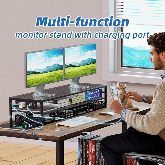 Simple Trending 2 Tier Metal Monitor Stand Riser with USB 2.0 and Charging Prot , Computer Office Desktop Organizer for 2 Monitors with 2 Drawer Storage and Reusable Cable Ties for Printer, TV, Black