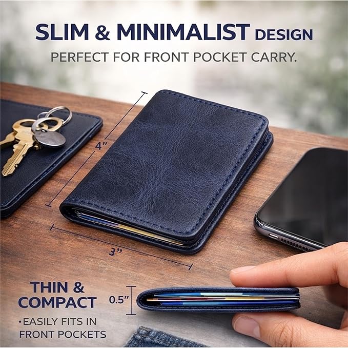 Genuine Leather Bifold Card Holder Wallet for Men & Women Slim Minimalist Front Pocket Credit Card Wallet, Compact Travel & Everyday Carry - Navy Blue