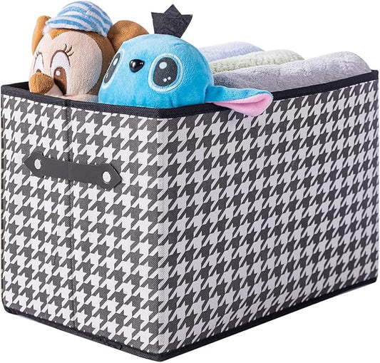 1 Pack Large Collapsible Storage Baskets for Shelves,14.9"x9.5" Fabric Closet storage Boxes with Leather Handles,Decorative Organizers Storage Bins for Clothes,Sheets,Toys,Books,(Houndstooth