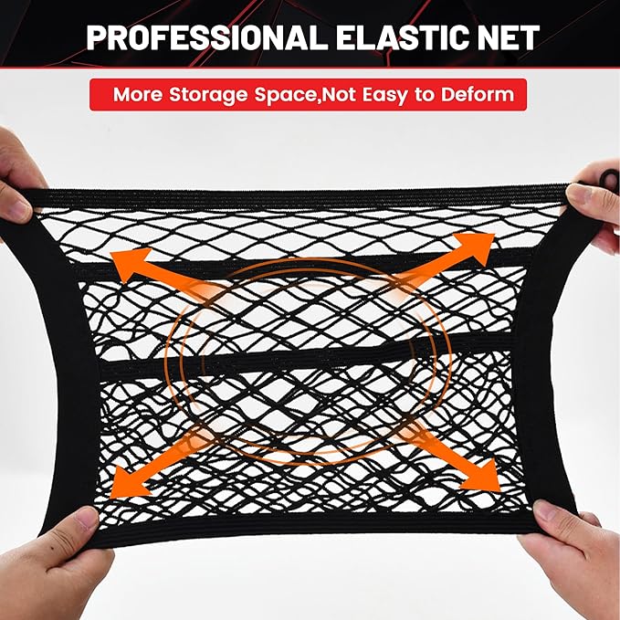 RED WOLF 3 Layer Small Cargo Net 17.7" x 9.8" Elastic Stretchable Bungee Nets Storage Mesh Pocket Organizer Mounting w/8 Screw and Built-in Hooks for SUV Truck Camper Accessories