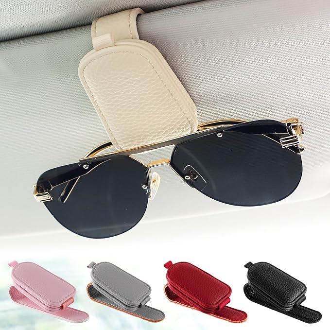 SINGARO Sunglasses Holder for Car, Leather Magnetic Buckle Sun Visor Sunglass Clip, Ticket Card Storage Glasses Clip, Car Interior Accessories for Men and Women（Beige）