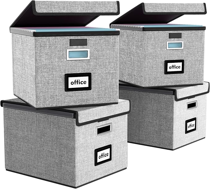 Portable File Organizer Boxes Set of 4, Large Linen Hanging Office Document Storage Boxes with Lids, Collapsible Filing & Storage Boxes for Office/Decor/Home - 14.9 x 12.7 x 10.8 inch
