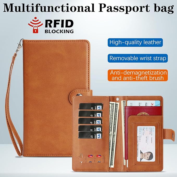 Passport Holder for Travel Essentials, RFID Blocking PU Leather Wallet Cover with Wristlet Strap Magnetic Closure Passport Book Holders Case for Women and Men, Brown